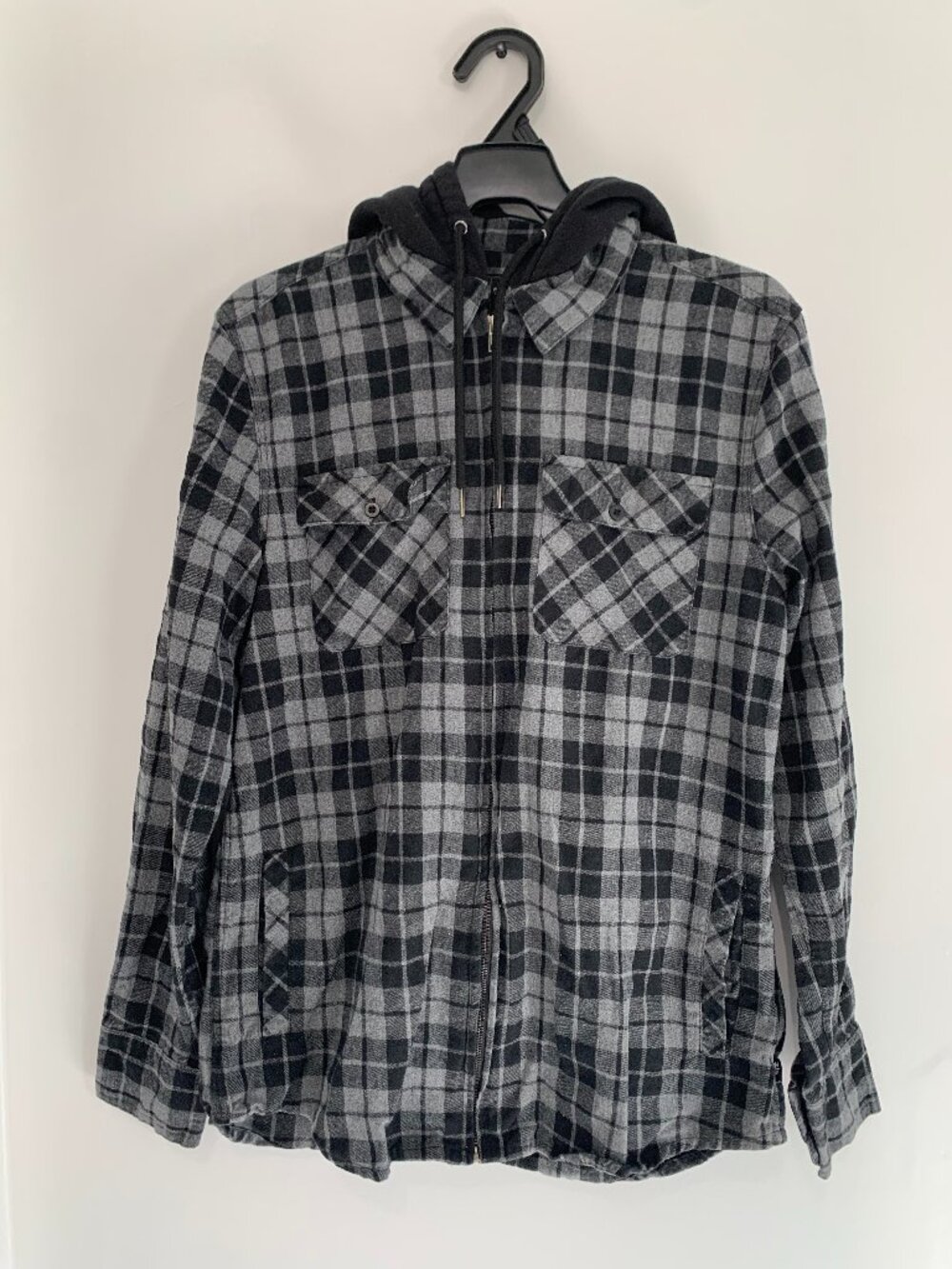 West Forty Nine Mens M/M Gray Black Plaid Flannel Zip Up Shirt Jacket With Hood